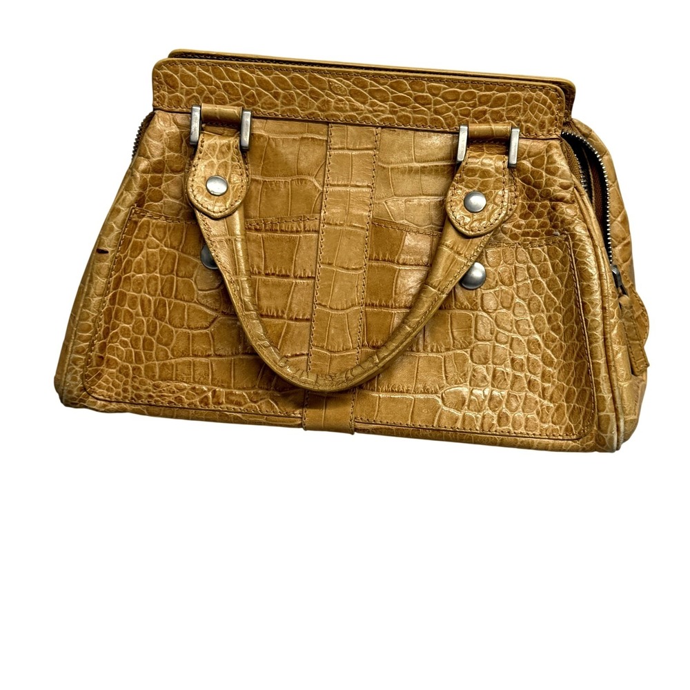 Nordstrom Satchel Bag Womens Large Tan Croc‎ Embossed Leather Made Italy